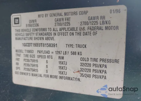 1996 Chevrolet S Truck S10 from USA, damaged, VIN 1GCDT19X0T8158391